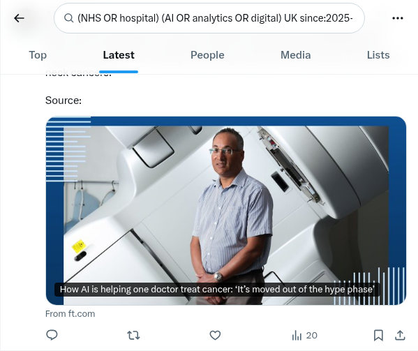 AI News tweet showing Addenbrooke's Hospital Osairis AI tool announcement