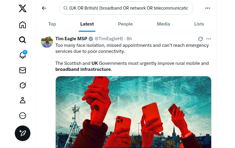 UK telecommunications search on Twitter showing limited recent content about network infrastructure
