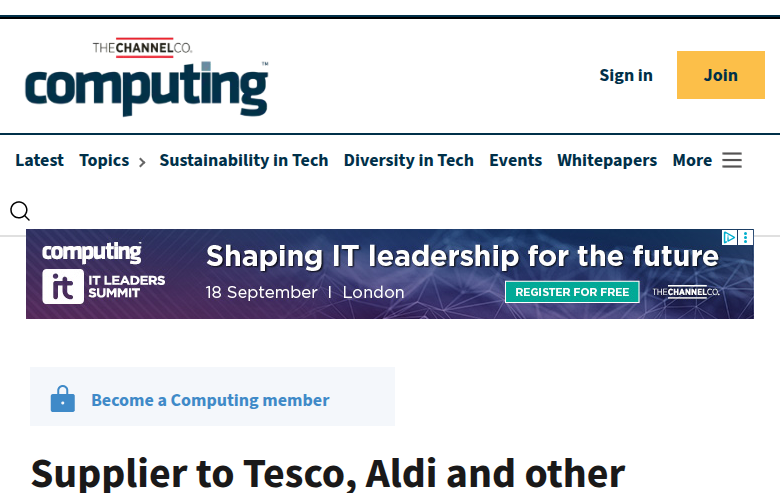 Computing.co.uk article showing Peter Green Chilled ransomware attack affecting Tesco, Sainsbury's, ASDA and other major UK supermarkets on May 14, 2025
