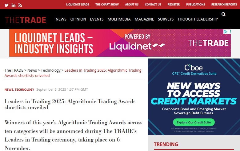 The TRADE's Leaders in Trading 2025 Algorithmic Trading Awards announcement showing ten categories and November 6 ceremony at The Savoy Hotel London