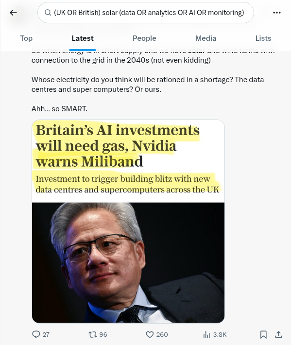 UK newspaper headline showing Nvidia warns Miliband that Britain's AI investments will need gas, with Ed Miliband's photo