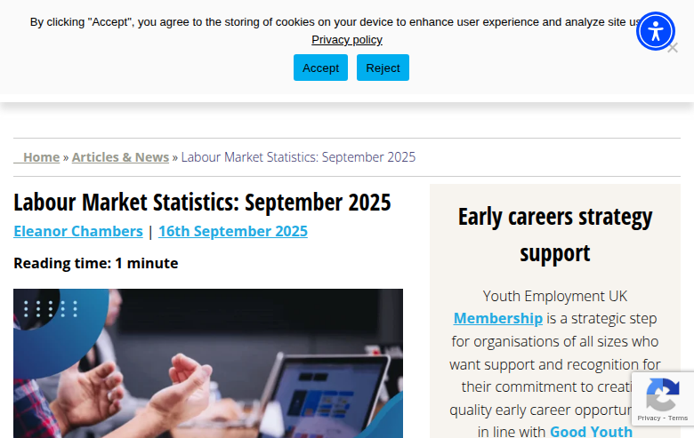 Youth Employment UK's September 2025 labour market statistics showing 13.8% youth unemployment rate with detailed breakdowns of employment, unemployment and economic inactivity levels